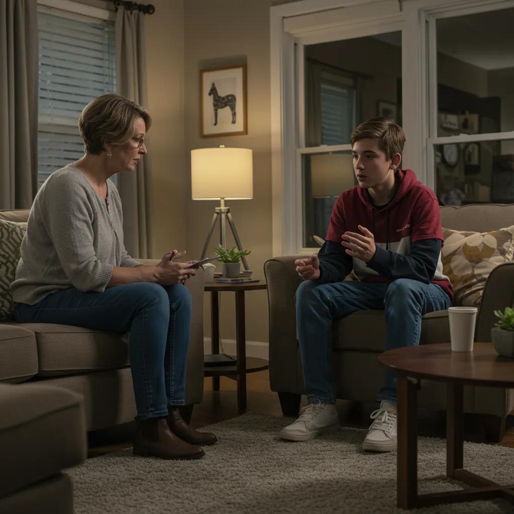 Parent and teenager having a calm conversation in a cozy living room, emphasizing conflict resolution and communication