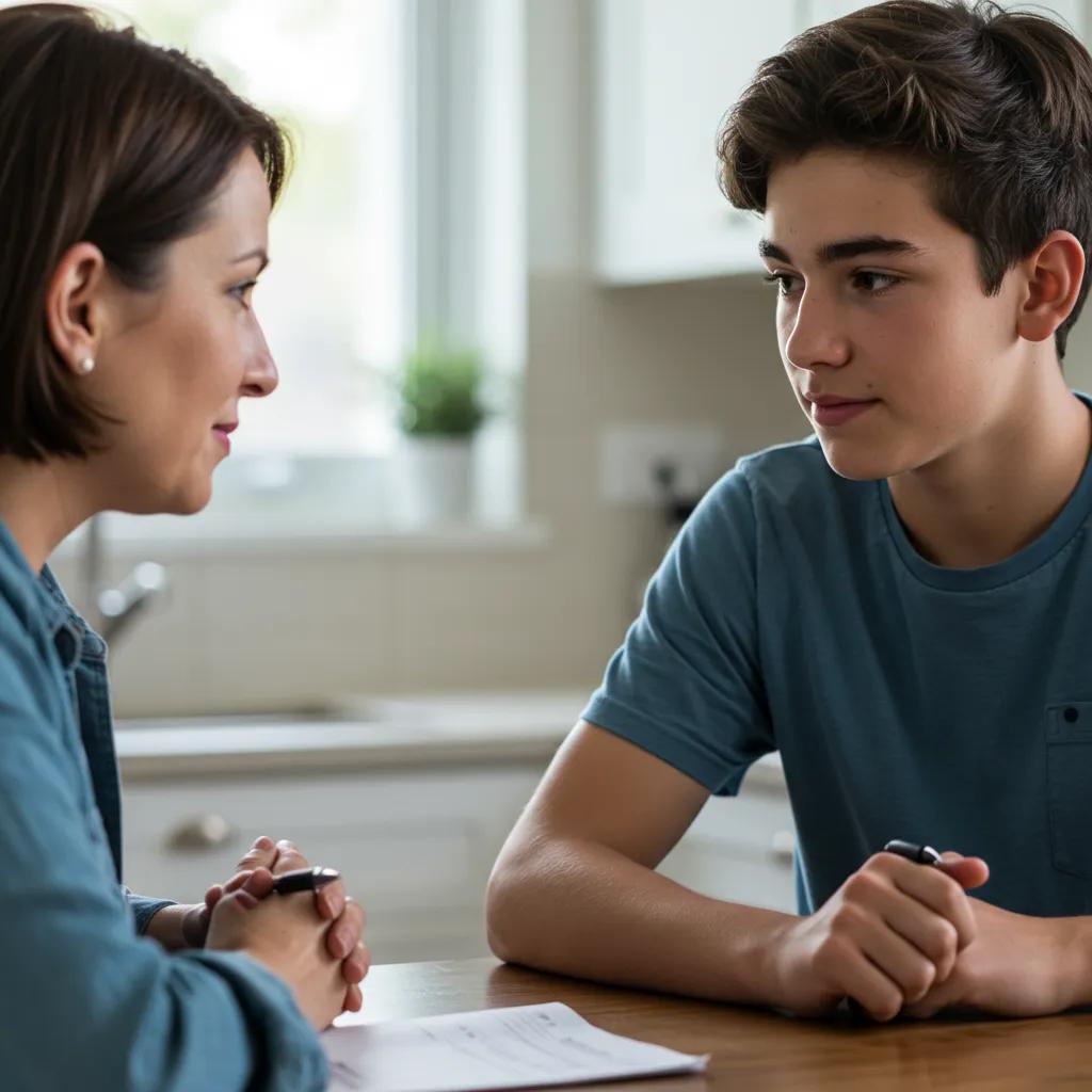 Parent and teenager practicing active listening techniques at a kitchen table, highlighting effective communication