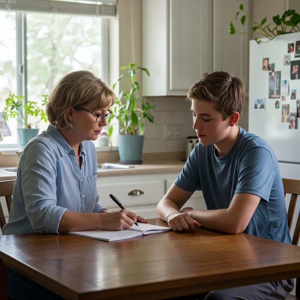 Parent and teenager practicing DBT skills together at a kitchen table, emphasizing family support in emotional management