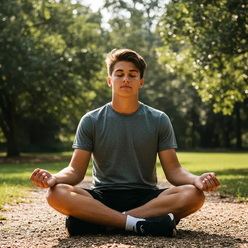 Teen athlete practicing mindfulness in a peaceful outdoor setting