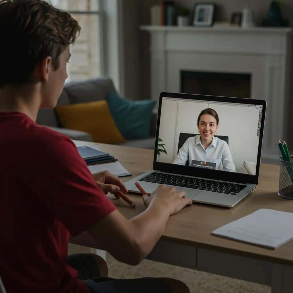 Teen participating in a virtual therapy session from a cozy home environment