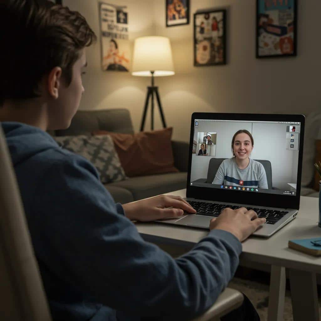 Teenager engaged in a virtual therapy session from home