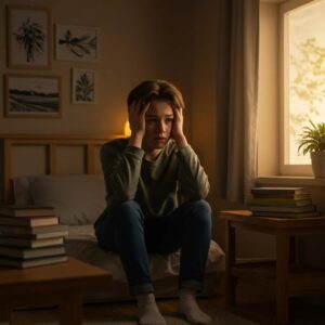 Teenager experiencing emotional flooding in a cozy room, reflecting intense feelings and vulnerability