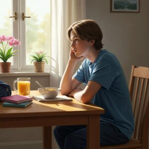 Teenager experiencing morning anxiety at breakfast, with a backpack and cereal, representing the challenges of starting the school day.