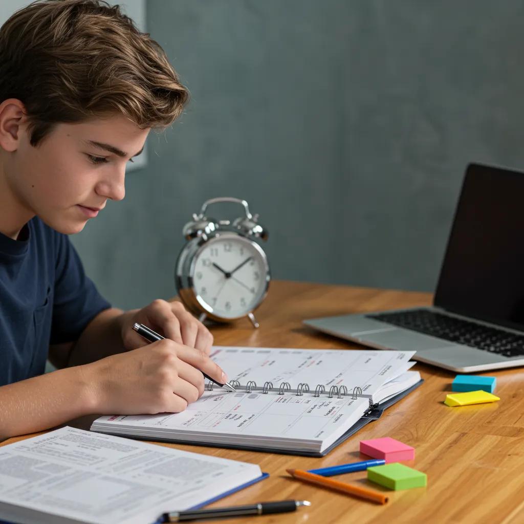 Teenager organizing study schedule with planner and laptop, illustrating effective time management strategies for balancing therapy and school