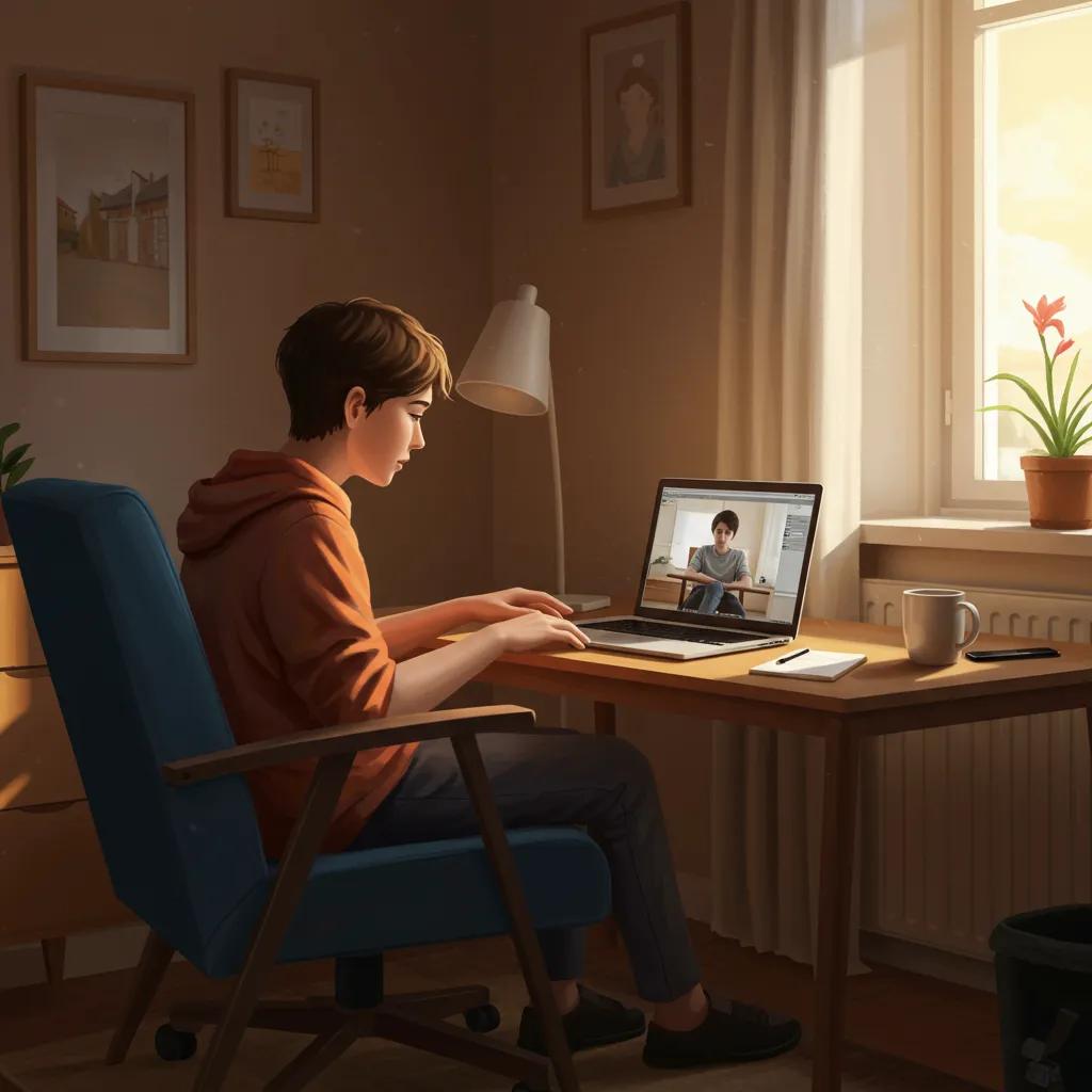 Teenager participating in a virtual therapy session at home, showcasing a comfortable and engaging environment