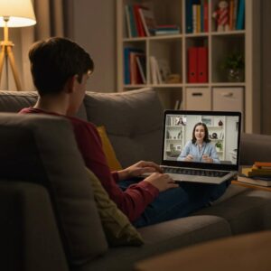 Teenager participating in virtual therapy session at home, emphasizing balance between mental health and academic success