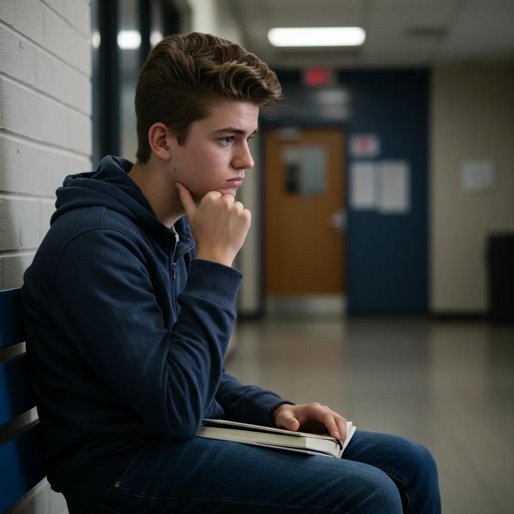 Teenager reflecting on identity and self-esteem after friendship loss, with a journal in a school setting