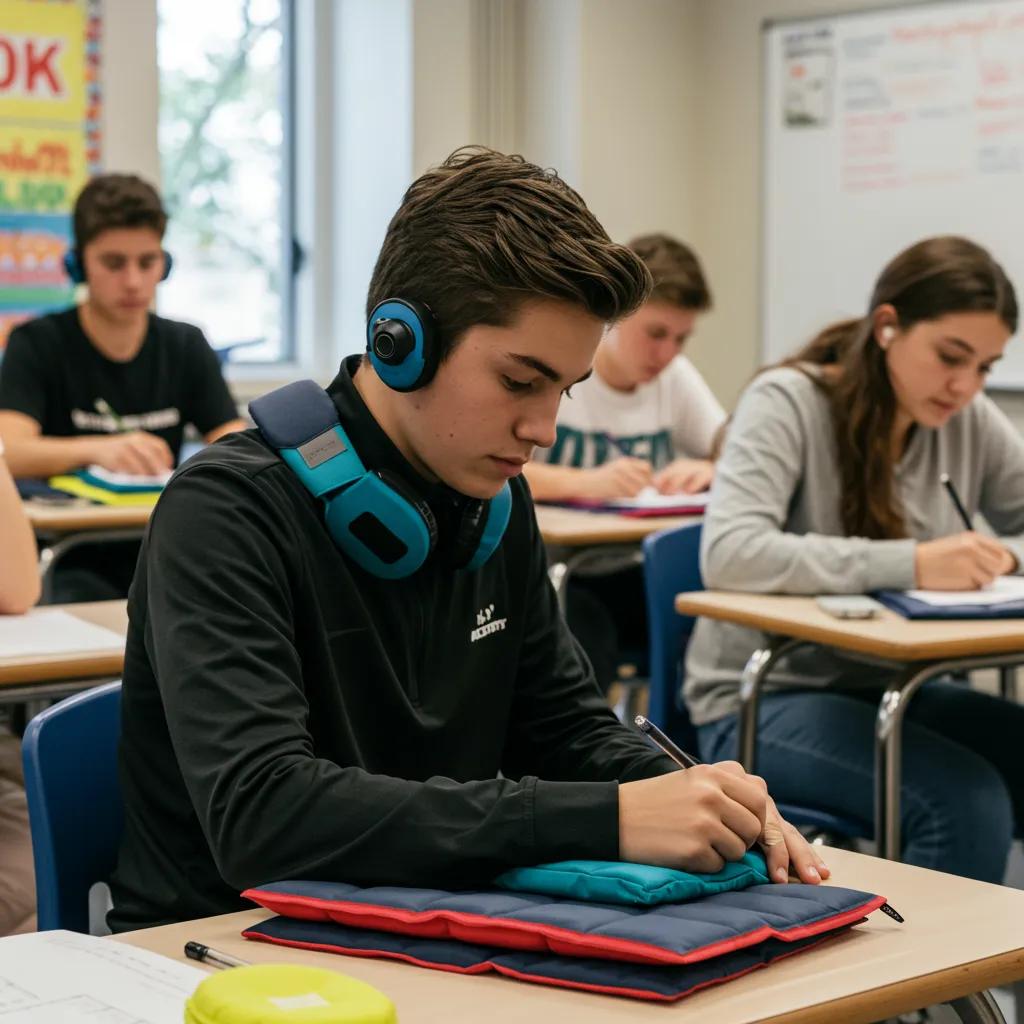 Teens using quiet sensory tools in a classroom to manage sensory overload