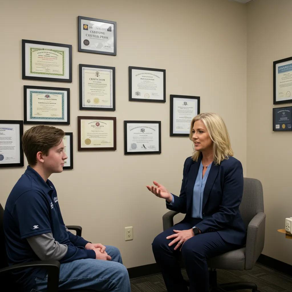 Therapist credentials displayed in a professional setting, emphasizing the importance of expertise in building trust with teens