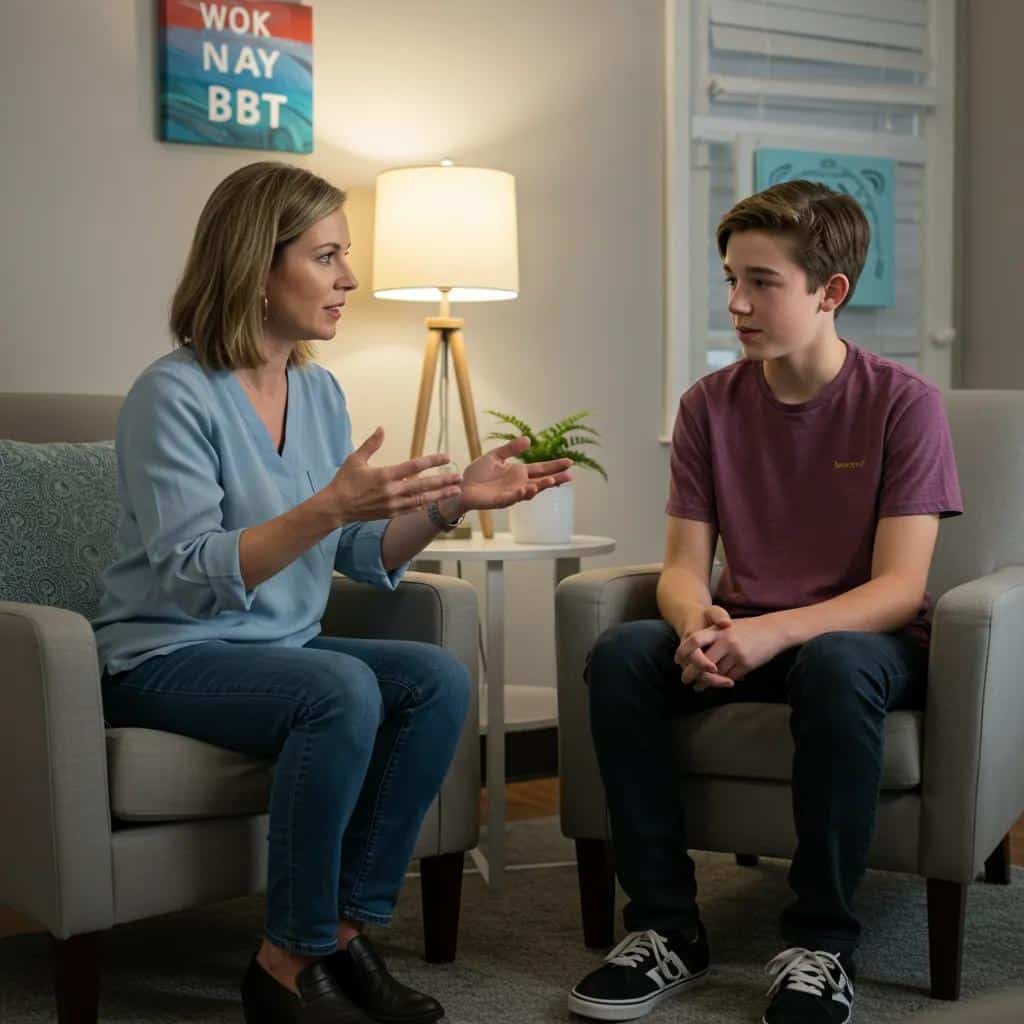 Therapist teaching DBT skills to a teenager in a supportive therapy setting, highlighting emotional regulation