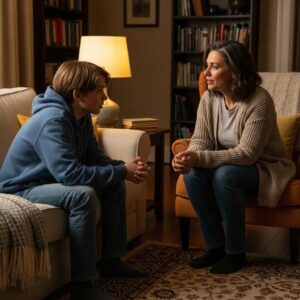 Family support for teen depression recovery in a cozy living room setting