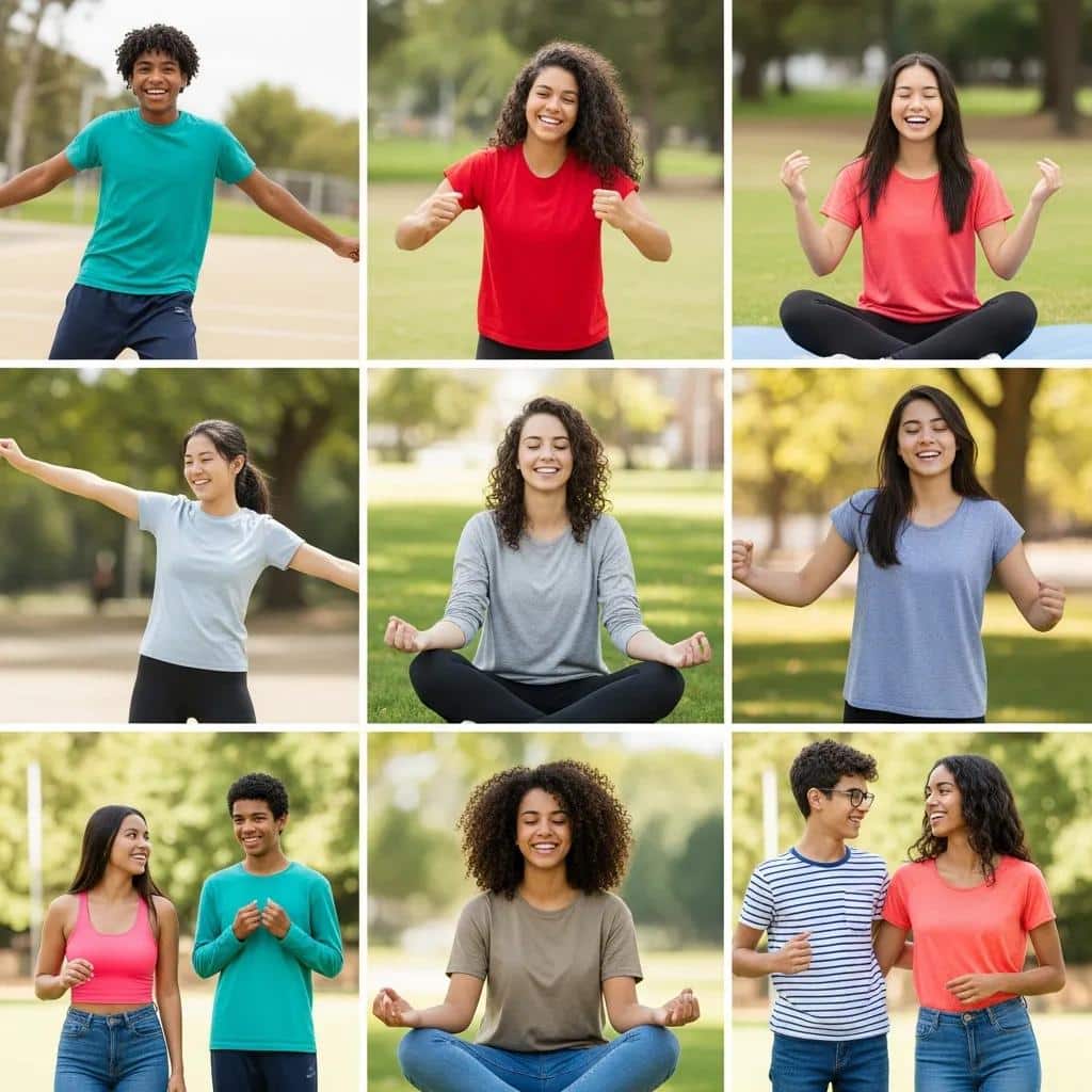 Group of diverse teenagers engaging in mood-boosting activities in a bright park setting