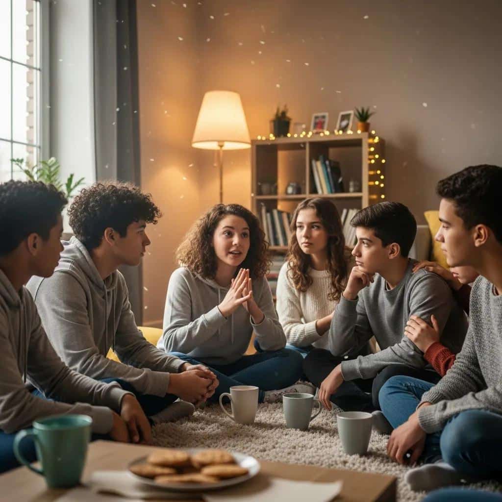 Group of diverse teenagers in a supportive conversation about coping mechanisms for depression