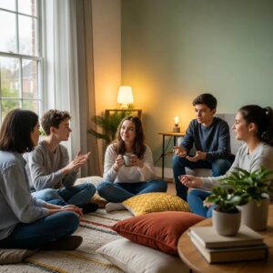Group of diverse teenagers in a supportive conversation about mental health