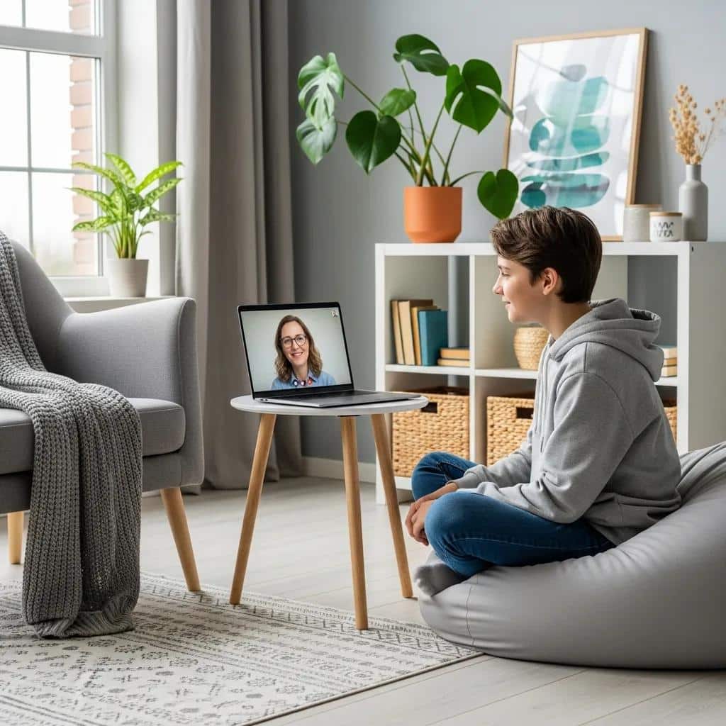 Teenager participating in a virtual therapy session at home