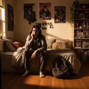 Teenager in a cozy room reflecting on stress from parental divorce