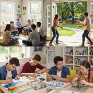 Diverse group of autistic teens participating in therapeutic activities in a supportive environment