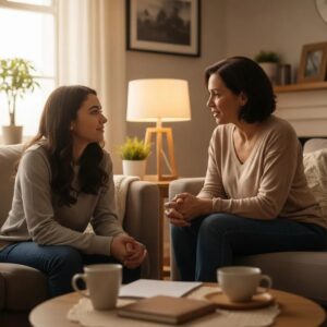 Family discussing mental health support for teens