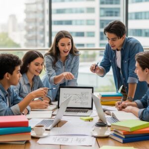 Group of diverse teenagers collaborating on a project, showcasing ambition and competitiveness