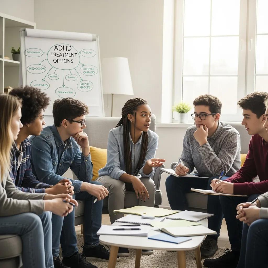 Group of diverse teenagers discussing ADHD treatment options in a supportive environment
