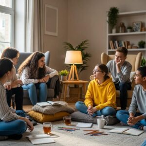 Group of diverse teenagers in a supportive conversation about mental health