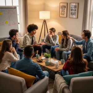 Group of teenagers discussing emotions in a supportive environment, highlighting the Let Them Theory in adolescent mental health