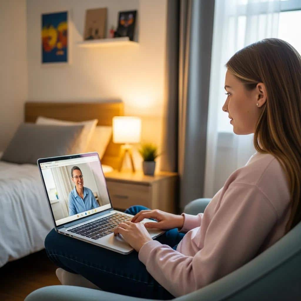 Teenager engaging in an online therapy session from a cozy bedroom
