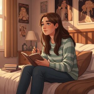 Teenager reflecting on emotional challenges in a cozy bedroom setting