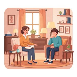Therapist and adolescent in a supportive therapy session, emphasizing emotional connection and mental health
