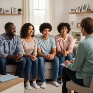 Family therapy session with a diverse family discussing mental health in a cozy living room