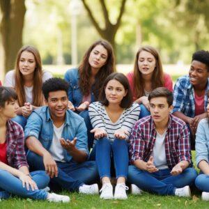 Group of diverse teenagers in a park expressing various emotions related to teenage angst