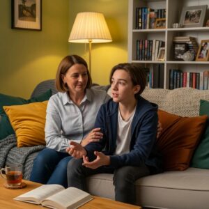 Parent and teenager having a respectful conversation in a cozy living room