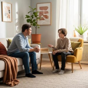 Parent and teenager having a supportive conversation in a cozy home environment