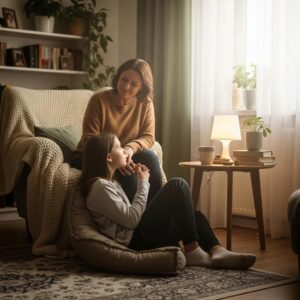 Teen and parent having a warm conversation at home, emphasizing healthy communication