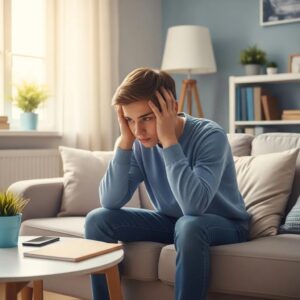 Teenager in a cozy room, reflecting on emotional struggles related to conversion disorder