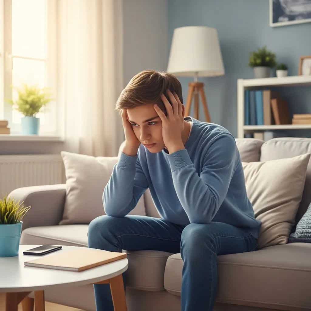 Teenager in a cozy room, reflecting on emotional struggles related to conversion disorder