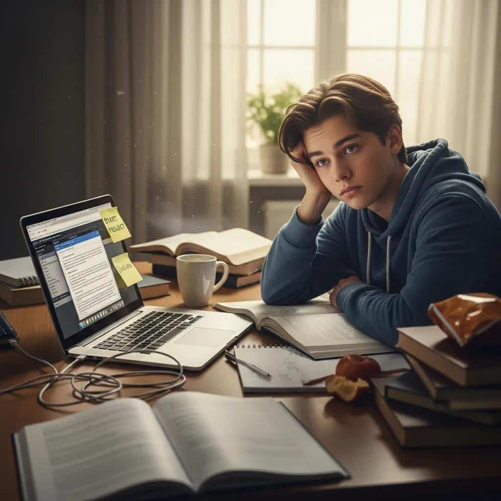 Teenager overwhelmed with schoolwork, illustrating procrastination and ADHD