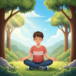 Teenager practicing mindfulness outdoors in a serene natural setting