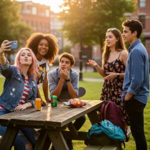 Teenagers interacting in a social setting, illustrating themes of adolescent egocentrism and social dynamics